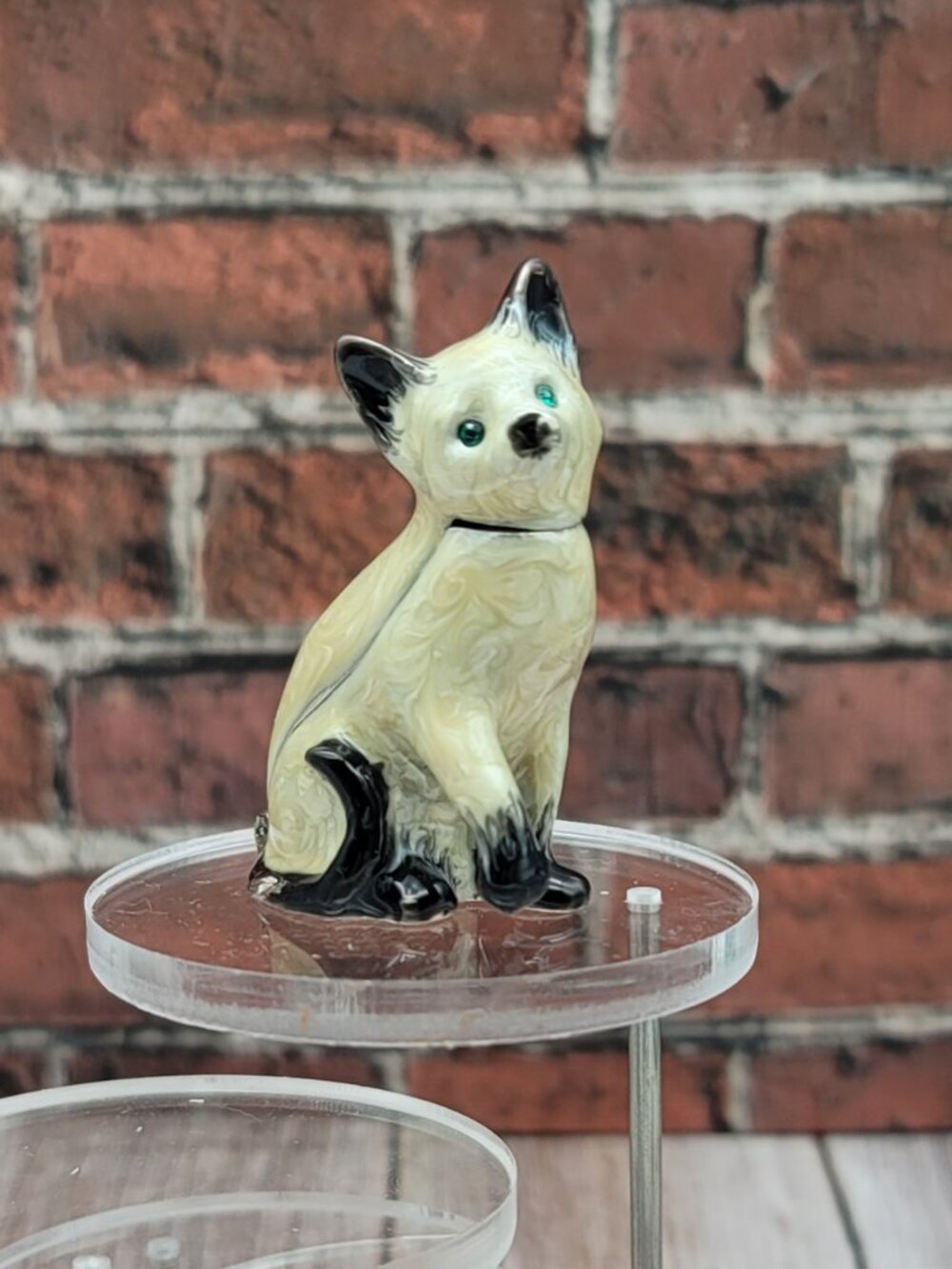 Vintage Enameled Villager Siamese Cat Bejeweled Hinged Trinket Box Monet